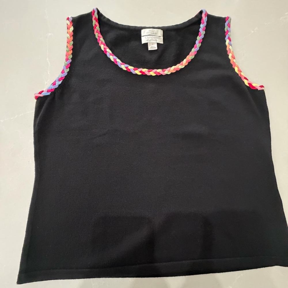 Christopher & Banks Black Tank with Multicolor Hand Embroidered Braided Trim, L